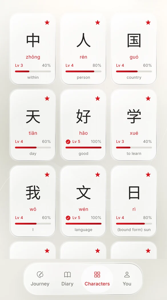 Character cards with pinyin, levels and writing mastery bars.
